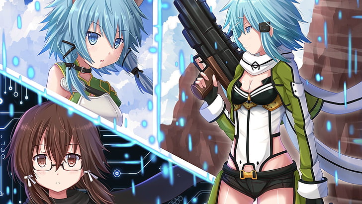 аниме девушки, аниме, Sword Art Online, Асада Шино, Gun Gale Online, автомат, HD обои