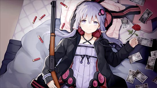 gadis anime, senapan, mawar, tempat tidur, Wallpaper HD HD wallpaper