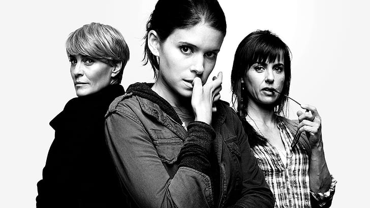 black and white, Kate Mara, actresses, TV series, House of Cards, Robin Wright, Constance Zimmer, Janine Skorsky, Zoe Barnes, Claire Underwood, HD wallpaper