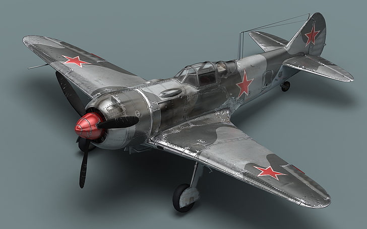 cinza e preto Lavochkin La-5, hélice, o avião, La-7, caça soviético, HD papel de parede