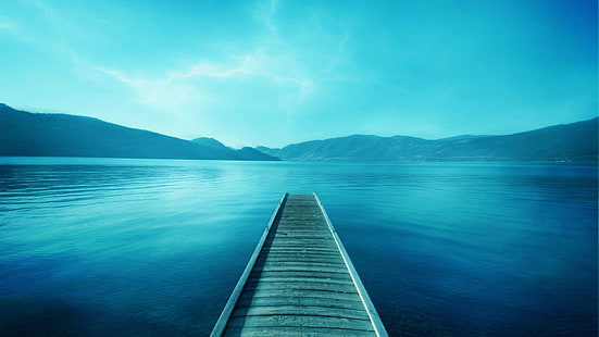 ponte, acqua blu, cielo, montagne, calmante, bluastro, cielo blu, molo, paesaggio, paesaggio marino, Sfondo HD HD wallpaper