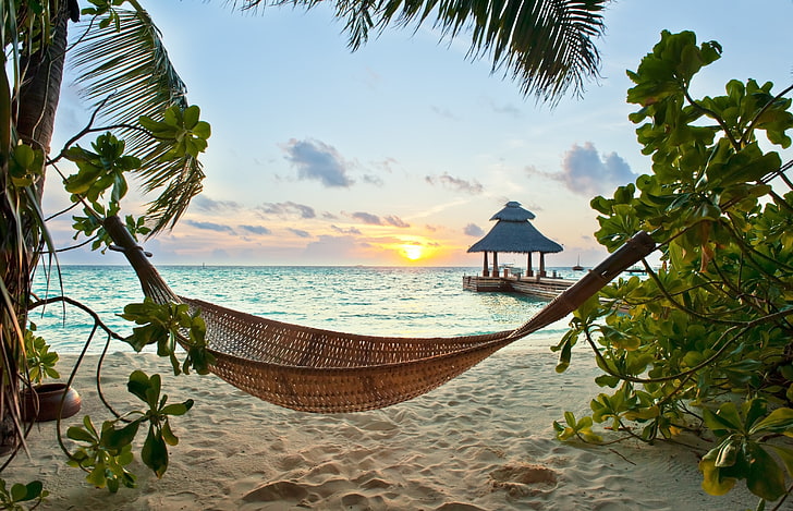 hamaca tejida marrón, trópicos, playa, arena, hamaca, vacaciones, palma, Fondo de pantalla HD