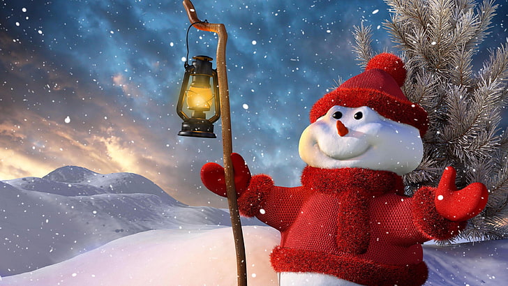 śnieg, ubrania, rękawiczki, sweter, czapka, nowy Rok, latarnia, opady śniegu, mróz, bałwan, sztuka, niebo, ilustracja, wakacje, śnieg, Boże Narodzenie, zima, Tapety HD