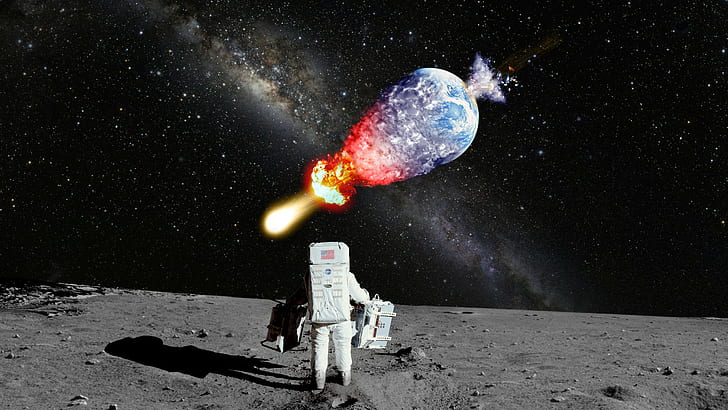 Astronauta NASA Luna Aterrizaje Explosión de la Luna Galaxia Vía Láctea Estrellas Planeta Tierra HD, espacio, tierra, estrellas, planeta, luna, galaxia, camino, explosión, nasa, lechoso, astronauta, aterrizaje, Fondo de pantalla HD