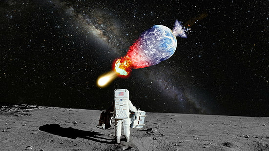 Astronaut NASA Moon Landing Moon Explosion Galaxy Milky Way Stars Earth Planet HD, space, earth, stars, planet, moon, galaxy, way, explosion, nasa, milky, astronaut, landing, HD wallpaper HD wallpaper