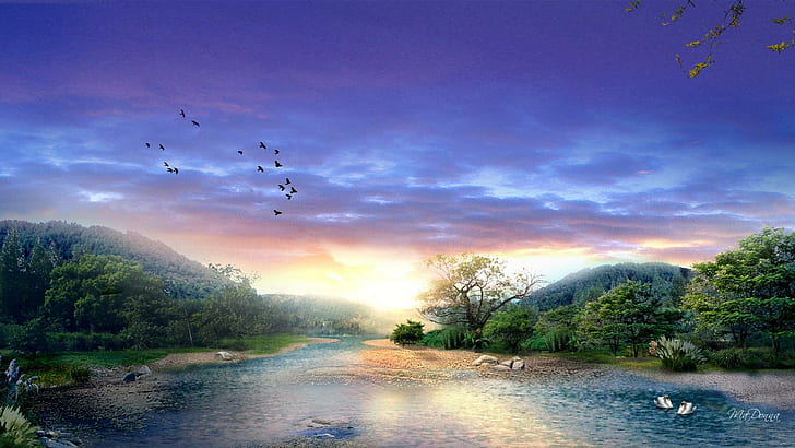 Si je pouvais rêver en couleur, rivière et forêt pendant la peinture de l'heure dorée, personnage de Firefox, cygnes, coucher de soleil, arbres, forêt, rivière, lever du soleil, matin, nuages, 3d et abstrait, Fond d'écran HD