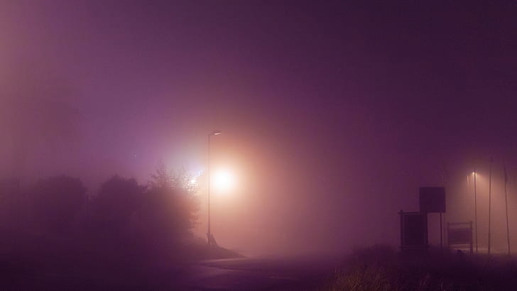 malam, paparan panjang, jalan, lampu jalan, sederhana, ungu, kabut, Wallpaper HD