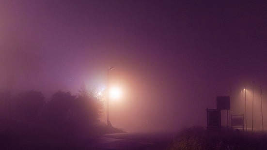 Nacht, Langzeitbelichtung, Straße, Straßenlaterne, einfach, lila, Nebel, HD-Hintergrundbild HD wallpaper