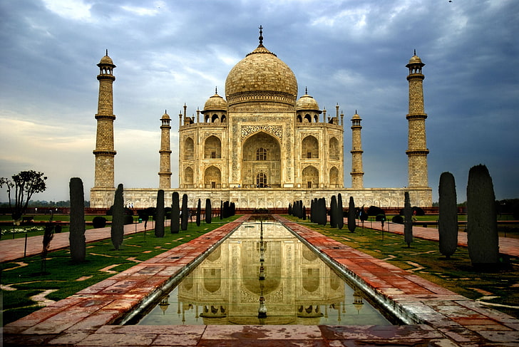 Taj Mahal, Indie, indie, miasto, agra, taj mahal, architektura, marmur, kopuły, minarety, pochmurno, dzień, niebo, chmury, Tapety HD