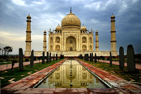 Taj Mahal, India, India, ciudad, Agra, Taj Mahal, arquitectura, mármol, cúpulas, minaretes, nublado, día, cielo, nubes, Fondo de pantalla HD HD wallpaper