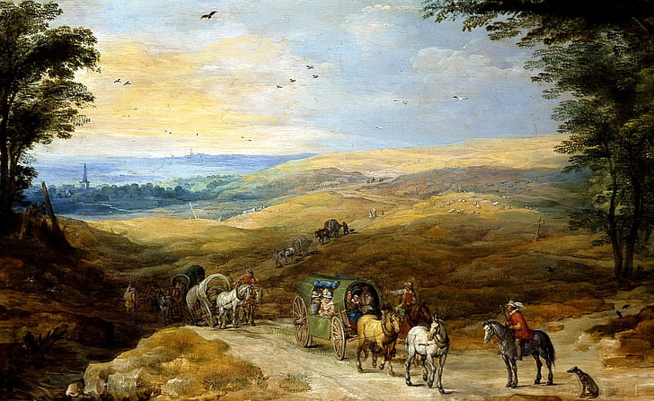 quadro, carro, cavaliere, un paesaggio con viaggiatori, Jan Brueghel il vo, Sfondo HD