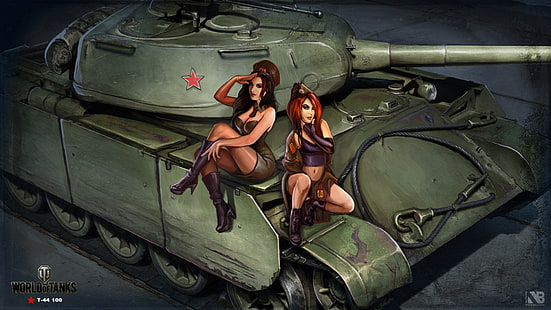 World of Tanks affisch, flickor, figur, konst, tank, sovjetisk, genomsnitt, World of Tanks, tankistki, Nikita Bolyakov, The t-44100, HD tapet HD wallpaper