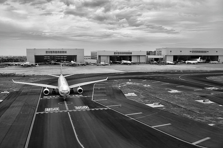 aircraft, airplane, airport, black and white, runway, tarmac, travel, HD wallpaper