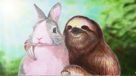 pintura de preguiça e coelho, humor, preguiças, coelhos, HD papel de parede HD wallpaper
