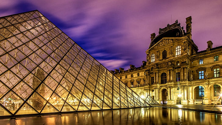ルーブルルーブルピラミッドの建物パリの夜景HD、夜、建物、、、建築、ライト、パリ、ピラミッド、ルーブル、 HDデスクトップの壁紙