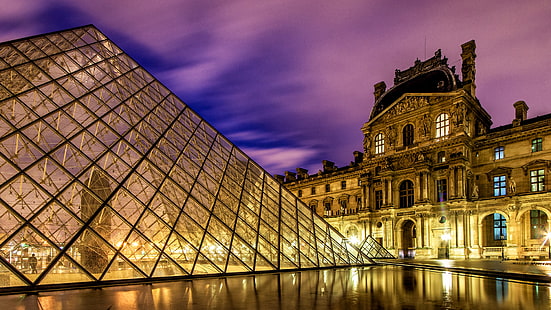 Louvre Louvre Pyramid Buildings Paris Night Lights HD, กลางคืน, อาคาร, สถาปัตยกรรม, ไฟ, ปารีส, ปิรามิด, พิพิธภัณฑ์ลูฟร์, วอลล์เปเปอร์ HD HD wallpaper