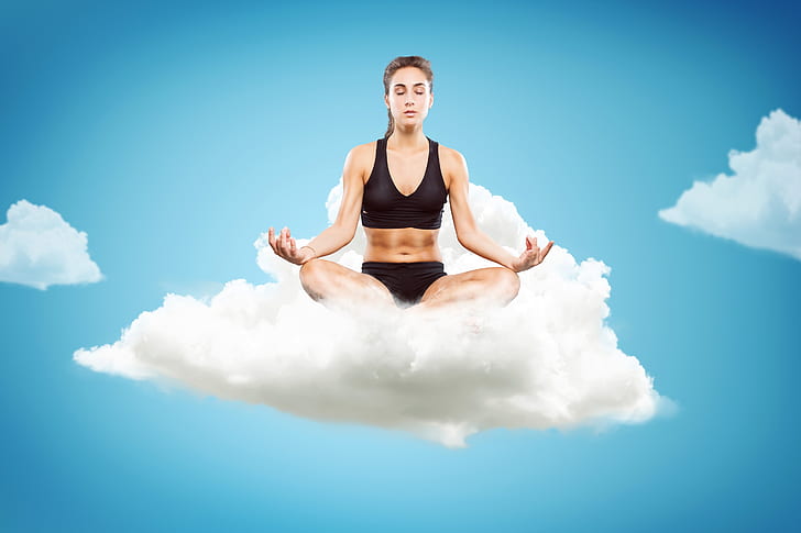 the sky, girl, pose, shorts, makeup, cloud, Mike, meditation, hairstyle, yoga, sitting, in black, the Lotus position, closed eyes, HD wallpaper