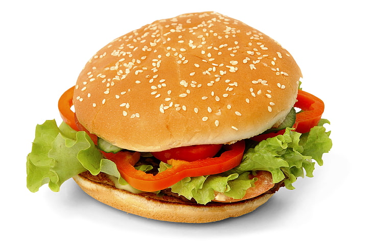 hamburger avec laitue et tomate, nourriture, hamburgers, hamburger, fond blanc, fond simple, Fond d'écran HD