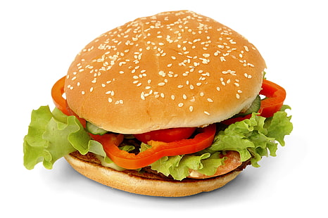 бургер с листьями салата и помидор, еда, гамбургеры, гамбургер, белый фон, простой фон, HD обои HD wallpaper