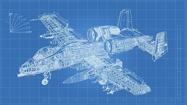 aircraft blue print, airplane, technology, Fairchild Republic A-10 Thunderbolt II, engineering, A-10 Thunderbolt, blueprints, HD wallpaper
