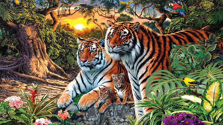 familia del tigre, obra de arte, arte de la pintura, pintura, arte ingenuo, selva tropical, animales salvajes, animales terrestres, bosque, árbol, tigre, colores, cachorros, selva, grandes felinos, cachorro, arte de fantasía, ilusión, vida silvestre, Fondo de pantalla HD