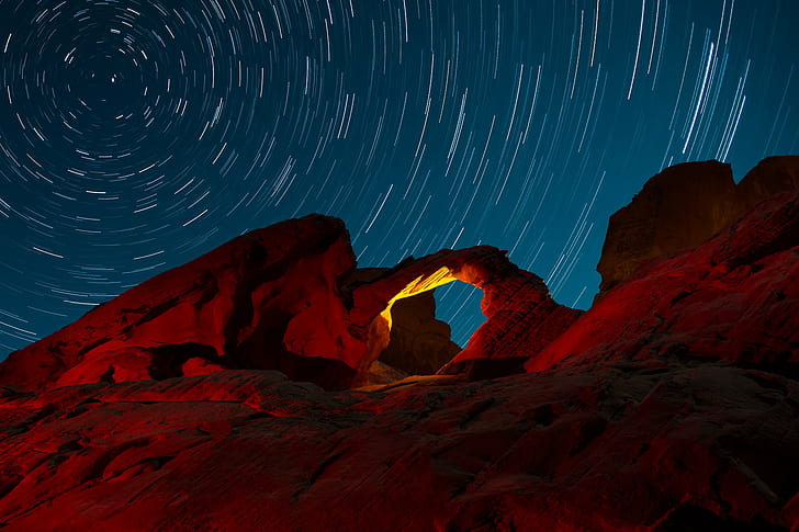 Arches Nation Park, Utah at nighttime time lapse photography, In Motion, Utah, nighttime, time lapse photography, Valley Of Fire, night  photography, Nevada, arch  rock, light painting, desert, nature, landscape, red, scenics, HD wallpaper