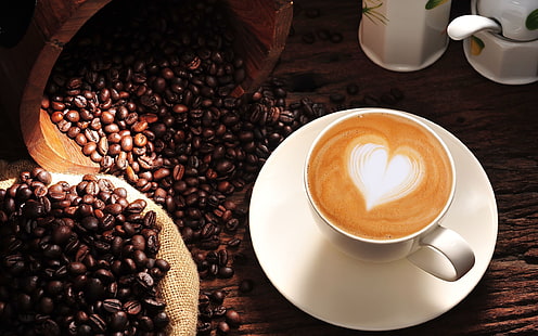 Coffee, cappuccino, heart, love, cup, coffee beans, Coffee, Cappuccino, Heart, Love, Cup, Beans, HD wallpaper HD wallpaper