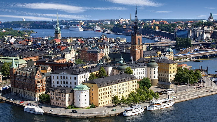 pemandangan kota kecil, stockholm, swedia, riddarholmen church, Wallpaper HD