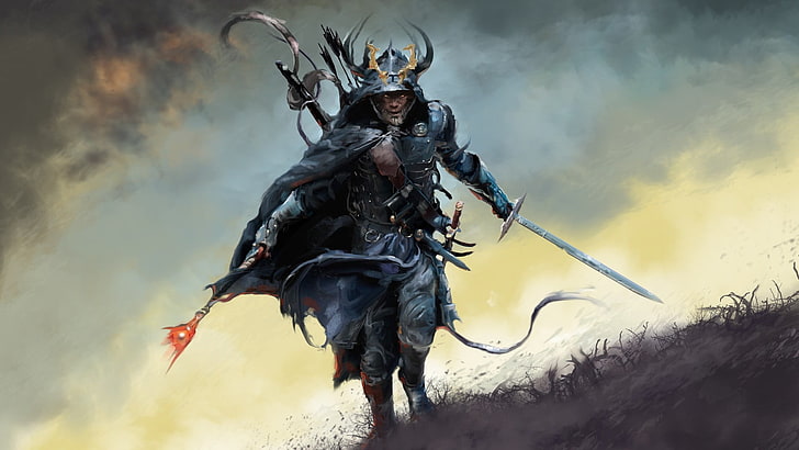 samurai andando no papel de parede do campo, obras de arte, guerreiro, arte de fantasia, armadura, HD papel de parede