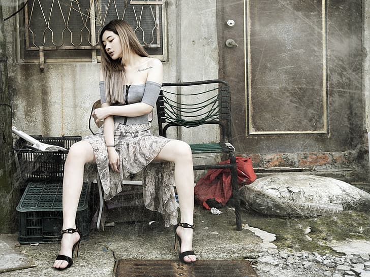 spread legs, Asian, sitting, women, model, HD wallpaper