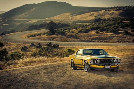 żółto-czarne coupe, żółte, Mustang, Ford, 1969, muscle car, 302, Boss, '69, Tapety HD HD wallpaper