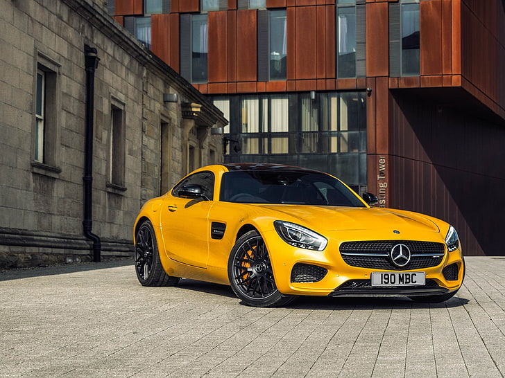 coupé Mercedes-Benz giallo, giallo, Mercedes, AMG, UK-spec, 2015, GT S, C190, Sfondo HD