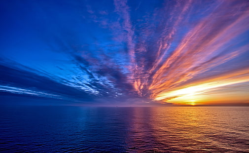 壮大な夕日、灰色のニンバス雲、自然、ビーチ、夕日、壮観、 HDデスクトップの壁紙 HD wallpaper