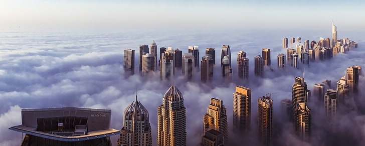 Edificios de gran altura, Ciudades, Dubai, Nube, Niebla, Mañana, Panorama, Avenida Sheikh Zayed, Emiratos Árabes Unidos, Fondo de pantalla HD