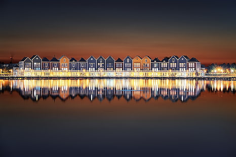 Нидерланды, дом, огни, небо, вода, отражение, Амстердам, HD обои HD wallpaper