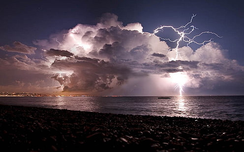 rayo, playa, rayo, tormenta, mar, costa, naturaleza, nubes, Fondo de pantalla HD HD wallpaper