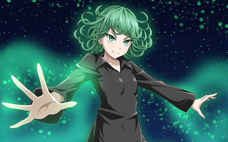karakter anime gadis berambut hijau, One-Punch Man, Tatsumaki, rambut hijau, mata hijau, Wallpaper HD