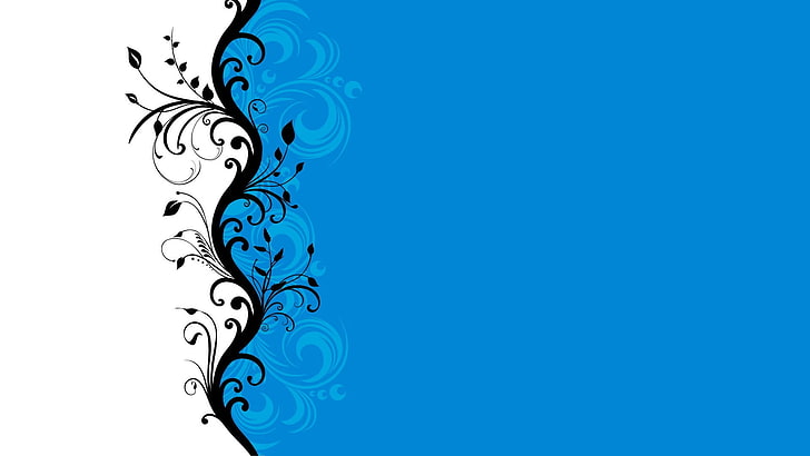 синьо-бели флорални тапети, абстрактно, дигитално изкуство, бяло, синьо, циан, просто, HD тапет