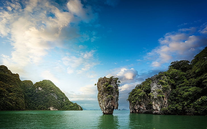 krajobraz, przyroda, morze, wyspa, zatoka, drzewa, krzewy, wapień, skała, tropikalny, chmury, Tajlandia, Tapety HD
