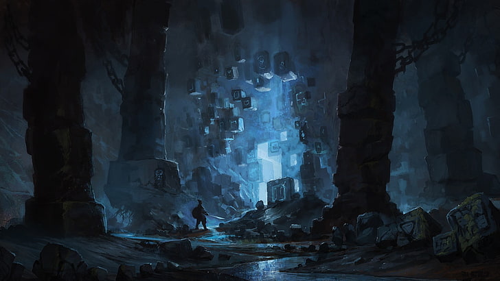 blue, cave, fantasy Art, science fiction, HD wallpaper