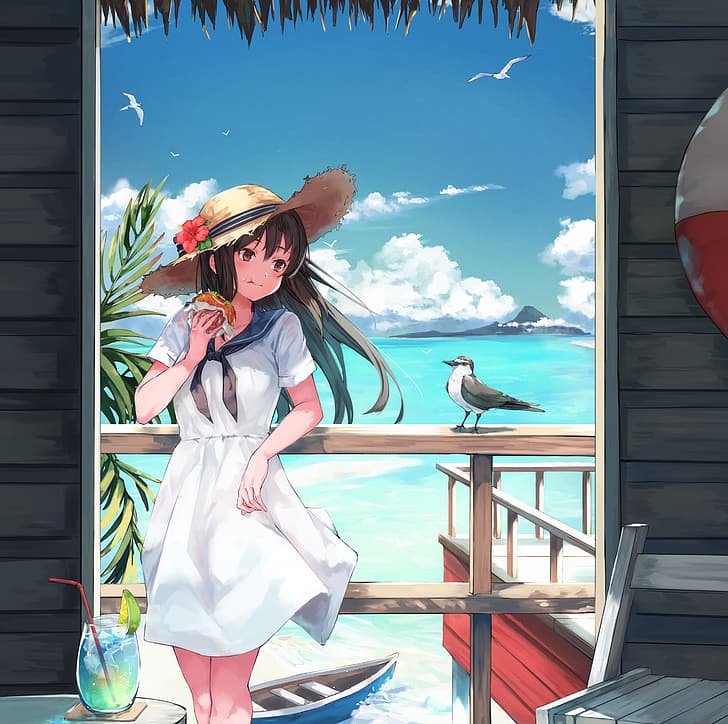 anime girls, white dress, dress, looking at the side, sun hats, brown eyes, dark hair, straw hat, eating, animals, cocktails, hibiscus, burgers, palm trees, railing, food crumbs, anime girls eating, sky, birds, seagulls, drink, waves, leaves, chair, flowers, water, sea, clouds, buoy, boat, HD wallpaper
