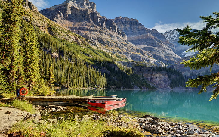 lake, boat backgrounds, Mountains, beautiful landscape, HD wallpaper