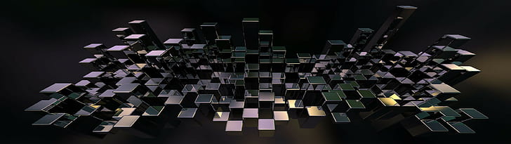 black and green cube digital wallpaper, multiple display, cube, reflection, digital art, HD wallpaper