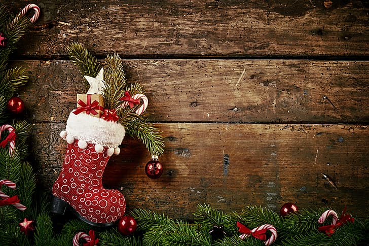 decoration, balls, toys, tree, New Year, Christmas, happy, vintage, wood, Merry Christmas, Xmas, boot, holiday celebration, HD wallpaper