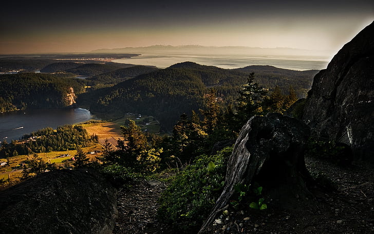 Ansicht vom Berg, Störungsblockberg, der Flussfoto, Frühling, See, Bäume, Welt, Hintergrund übersieht, HD-Hintergrundbild