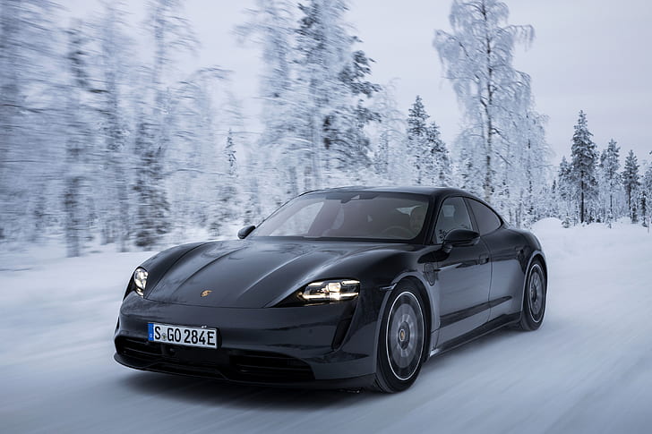 Porsche, Porsche Taycan 4S, automobile nera, automobile, neve, automobile sportiva, veicolo, inverno, Sfondo HD