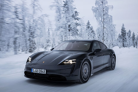 Porsche, Porsche Taycan 4S, svart bil, bil, snö, sportbil, fordon, vinter, HD tapet HD wallpaper