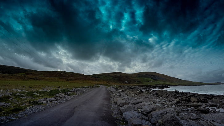 Irlanda, azul, céu, escuro, estrada, nuvens, HD papel de parede