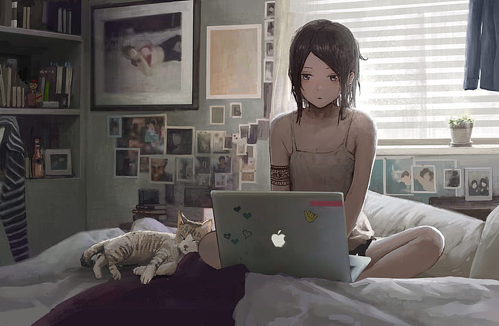 mac book, anime girls, brunette, tattoo, original characters, bedroom, bed, artwork, anime, cat, digital art, laptop, women, HD wallpaper