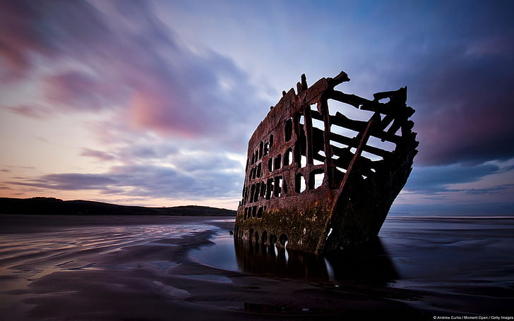 nature, landscape, wreck, shipwreck, Oregon, beach, sea, water, photography, HD wallpaper